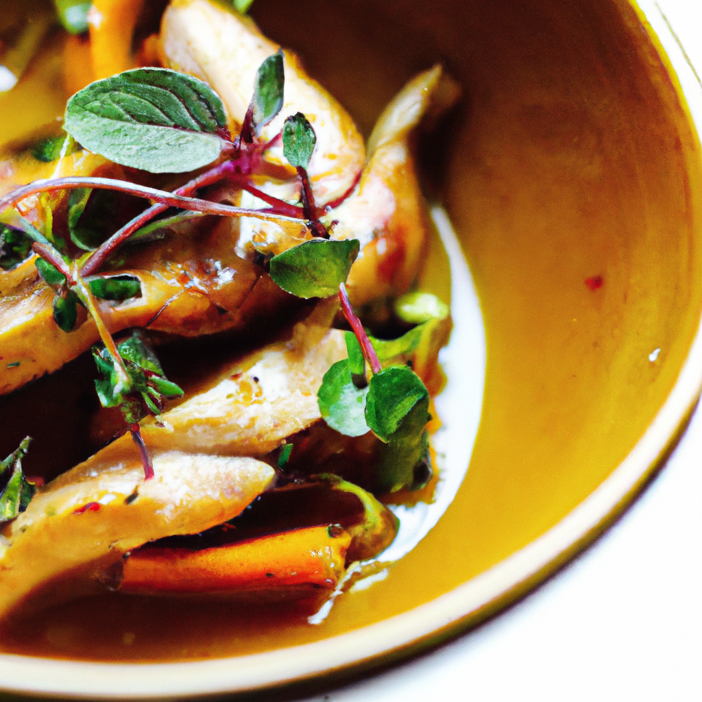 Close up of a composed seasonal plate with herbs and drizzle